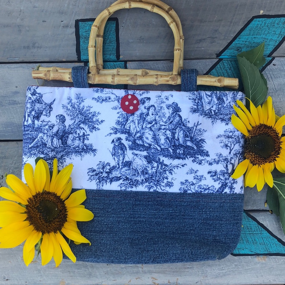 French blue toile, denim and bamboo handle bag